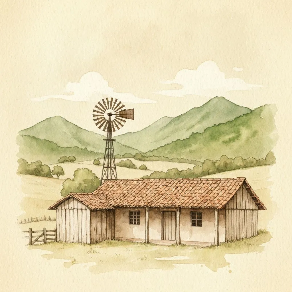 Ilustração aquarela da Chácara Mato Preto com casa rural e cata-vento